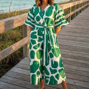 A356 Nancy Modern Boho Green Abstract Print Belted Resort Chic Midi Dress NWT L